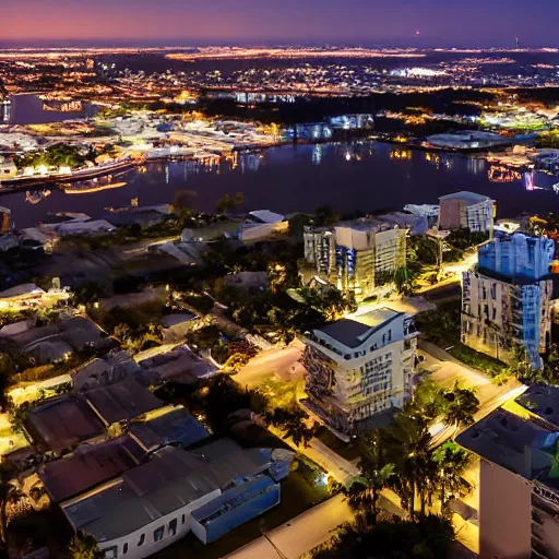 Image similar to an overview from 500 feet in the air of a small coastal Florida town at night, a still from an anime movie, clouds in the sky, downtown in the distance