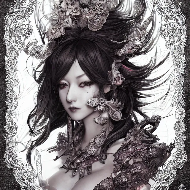 Image similar to the portrait of chaotic evil female necromancer mastermind as absurdly beautiful, gorgeous, elegant, sophisticated young gravure idol, an ultrafine hyperdetailed illustration by kim jung gi, irakli nadar, intricate linework, bright colors, octopath traveler, final fantasy, unreal engine 5 highly rendered, global illumination, radiant light, detailed and intricate environment