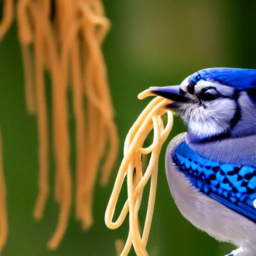 Prompt: bluejay staring at spaghetti