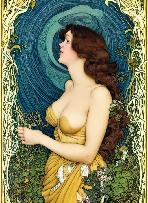 Image similar to masterpiece beautiful seductive flowing curves pinup pose preraphaelite face portrait photography, extreme close up shot, straight bangs, thick set features, yellow ochre ornate medieval dress, kay nielsen, amongst foliage mushroom forest circle arch, william morris and kilian eng and mucha, framed, 4 k