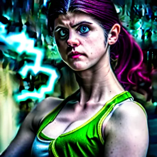 Prompt: cinematic scene with alexandra daddario as jolyne from jojo's bizarre adventure, live action film, stone ocean, dramatic, small details, volumetric lighting, still frame