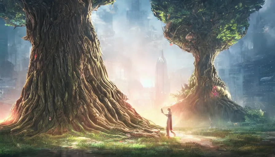 Prompt: ben lo illustration of the largest tree in the world under invisible force field, bioshock concept art, solarpunk, hopeful, colorful, unreal engine, hyper realism, realistic shading, cinematic composition, realistic render, octane render, detailed textures, photorealistic, wide shot