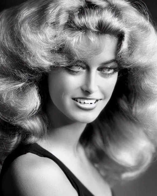 Image similar to 2 8 mm closeup portrait of a beautiful young farrah fawcett with long blonde wind blown hair in a photo studio, rim lighting, glamour pose!!!, hyper realistic, soft lighting, art frahm, pinup, hd, octane, arney freytag!!!, 1 9 4 5