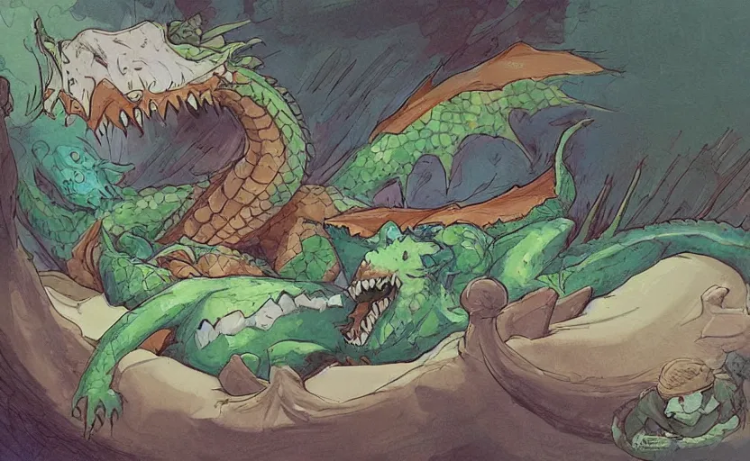 Prompt: the friendly dragon slime awoke from its slumber beneath the bed frame, digital painting masterpiece, haunting beautiful brush strokes, painted by Moebius and Hayao Miyazaki and Akira Toriyama