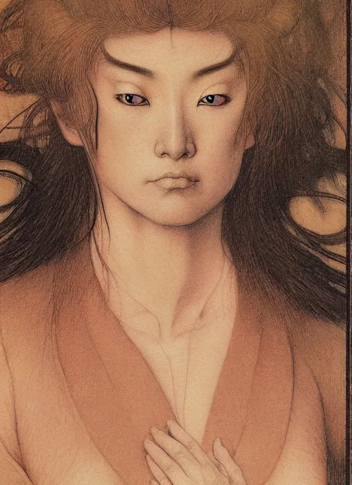 Prompt: hyper realistic traditional japanese illustration of a woman in a blazer in the style of austin osman spare, wayne barlowe, gustav moreau, goward, gaston bussiere and roberto ferri, santiago caruso, bouguereau, klimt, saturno butto, sorayama. occult art, alchemical diagram