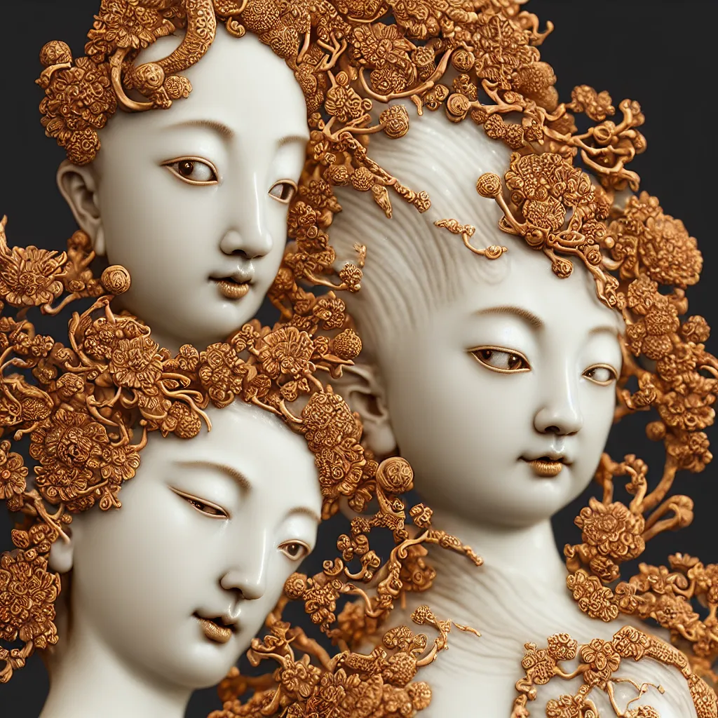 Image similar to The Goddess of Beauty, A Close up photo-real delicate ceramic porcelain sculpture of an ornate detailed in front of an intricate background by Victo Ngai and takato yamamoto, micro detail, backlit lighting, face in focus, subsurface scattering, translucent, thin porcelain, octane renderer, colorful, physically based rendering, japanese pottery, trending on cgsociety