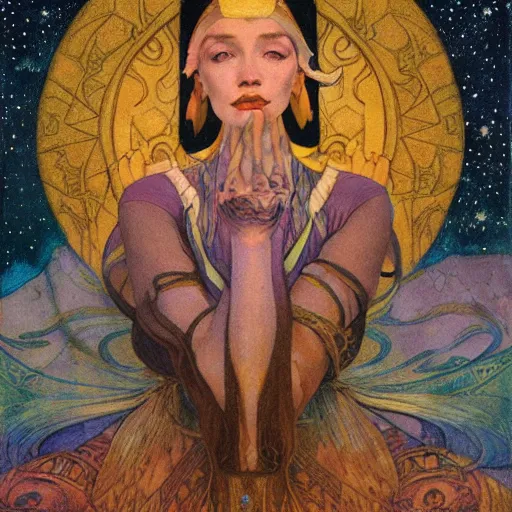 Image similar to queen of the moon with stars in her hair, by nicholas roerich and annie swynnerton and donato giancola and dulac, dramatic lighting, god rays, geometric tattoos, rich colors, smooth sharp focus, extremely detailed, leo and diane dillon, adolf wolfli