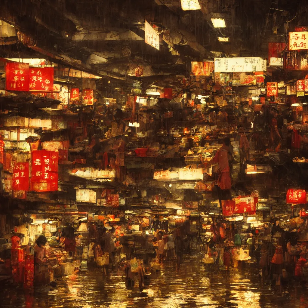 Prompt: an asian wet market at night, by greg rutkowski, cinematic lighting