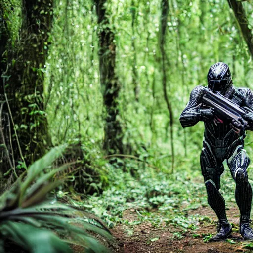 Prompt: close up Crysis Nanosuit shooting at enemies in a jungle combat photography 2022, Canon EOS R3, f/1.4, ISO 200, 1/160s, 8K, RAW, unedited, in-frame,