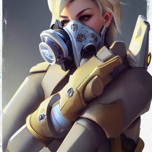 Image similar to mercy overwatch wearing a gas mask, 8 k resolution, highly detailed, intricate, very beautiful face, very detailed eyes, by greg rutkowski, wlop