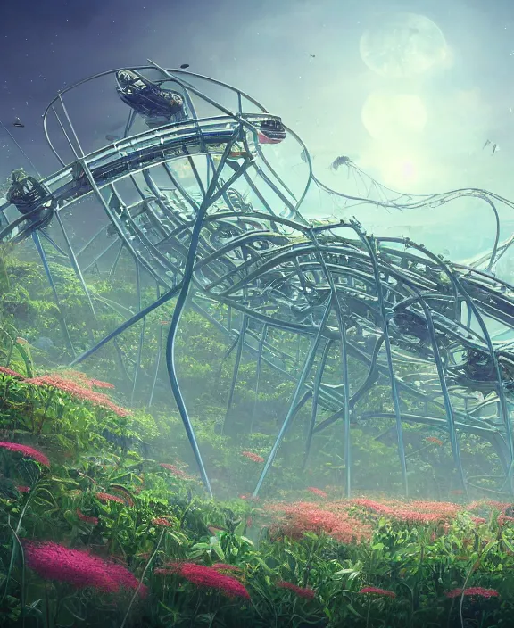 Prompt: simplicity, elegance, a roller coaster building made out of organic creatures, in the style of a streamlined asymmetrical spaceship, overgrown with flowers, bleak apocalyptic environment, by dan mumford, yusuke murata, makoto shinkai, ross tran, cinematic, unreal engine, cel shaded, featured on artstation, pixiv