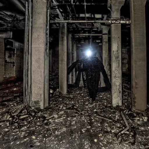 Image similar to grainy photo of three dark human figures with glowing eyes in a dark abandoned rusty factory at night taken with a camera flash