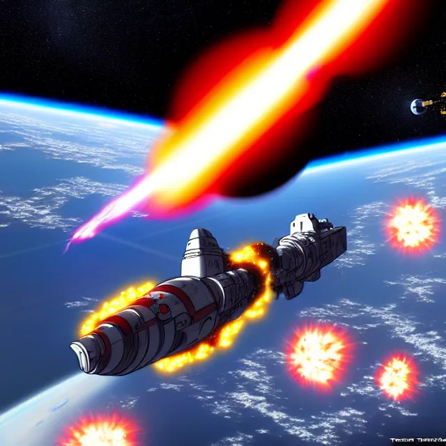 Image similar to a photo the last battleship attacks the planet killer superweapon in space, explosions, lasers, photorealistic, chuckcheese render by tomino - sama