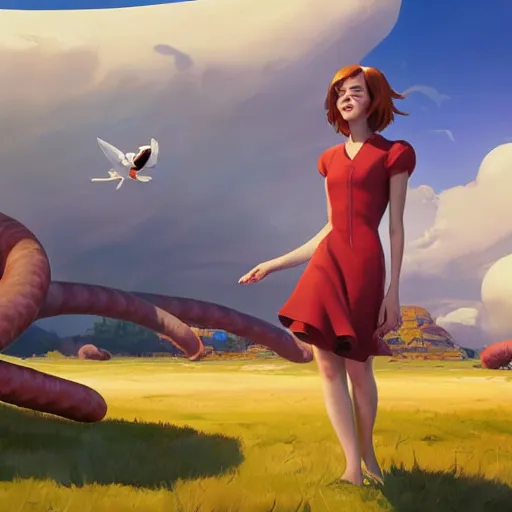 Image similar to emma stone surprised to see flying big italian sausages by concept artist gervasio canda, behance hd by jesper ejsing, by rhads, makoto shinkai and lois van baarle, ilya kuvshinov, rossdraws global illumination radiating a glowing aura global illumination ray tracing hdr render in unreal engine 5