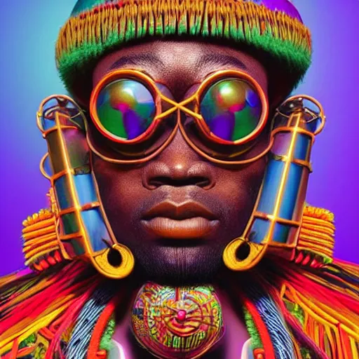 Image similar to colourful vfx upper half - portrait - art of a nigerian tribal chief wearing steam punk goggles, art by utagawa kunisada & james jean, symmetrical, intricate detail, concept art, volumetric light, ray tracing, caricature, digital illustration, octane 3 d render, unreal engine, sharp, 8 k post process, pinterest, behance, art station,