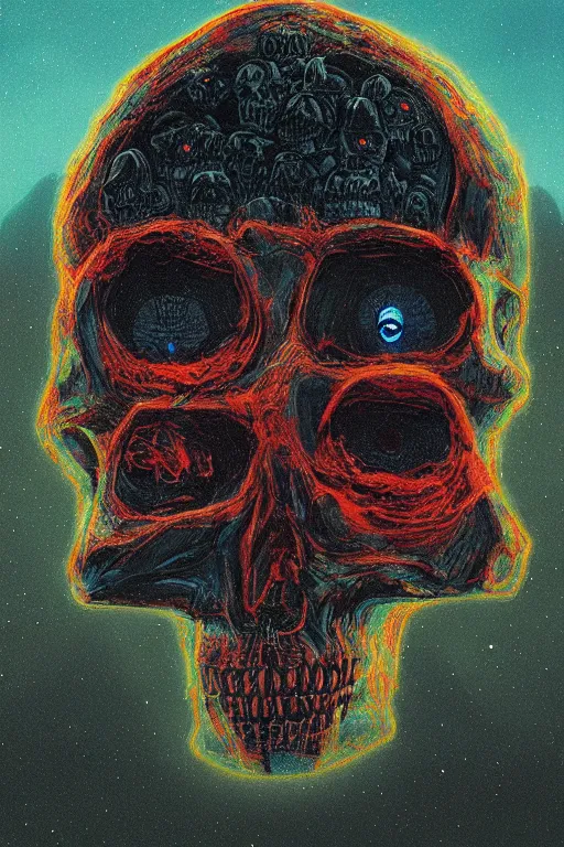 Prompt: 4K Indigenous cyberskull portrait inspired in beksinski and dan mumford work, remixed with Simon Stalenhag work, sitting on the cosmic cloudscape