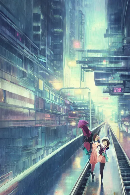 Image similar to 3d ultra realistic anime illustration, two schoolgirls flying on huge japanese elevated subway at rainy sunset. deep and complex composition. Pastel colors. style of Hiro Kiyohara anime. redshift, octane, trending on artstation, cinematic, oil painting