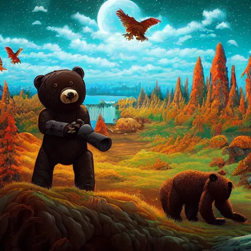 Image similar to a paint of dan mumford, of a robotic teddy bear painting a picture of a cute bear, in the background an apocalyptic panorama, artstation