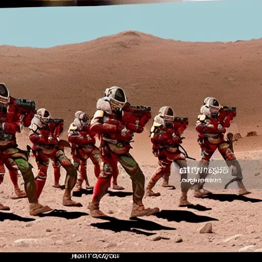 Prompt: professional photo of martian marines on parade in mariner valley on mars in the year 3 0 0 0