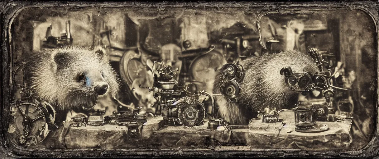 Prompt: detailed daguerreotype of a honey badger as watchmaker in workshop, steampunk vintage style, wet collodion, steampunk mechanism, sepia, monochrome black and white, artistic photo from late xix century, high resolution, dark atmosphere