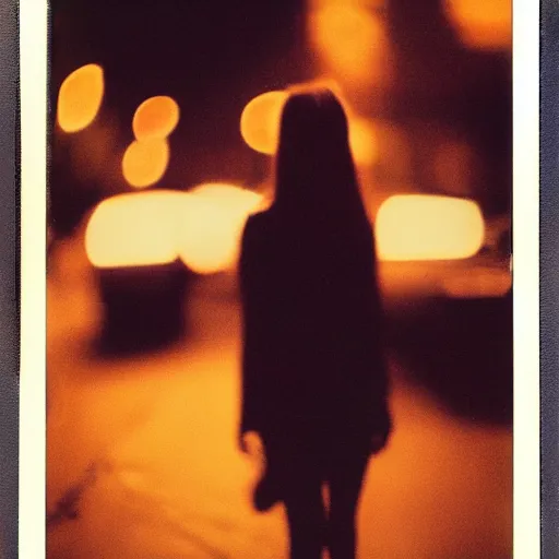 Prompt: portrait of a girl in the city street at night, bokeh, long exposure, polaroid sx - 7 0 instant film