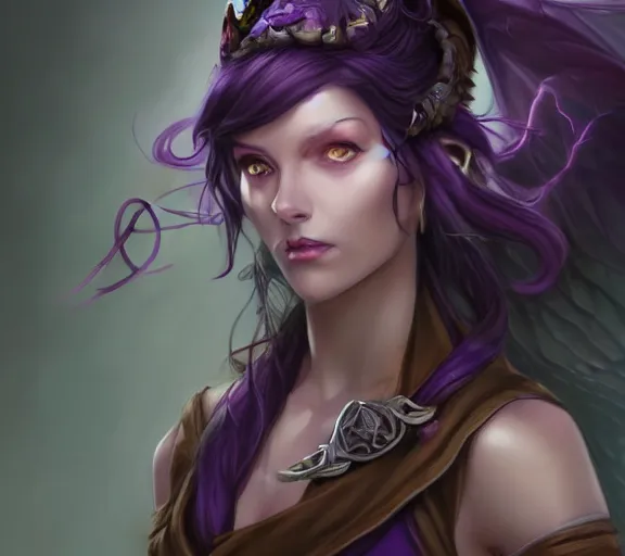 Image similar to Attractive Tiefling Druid, She has light brown skin, dark purple hair, and silver eyes full body, dungeons and dragons portrait, highly detailed, digital painting, artstation, concept art, sharp focus, illustration, art by artgerm and greg rutkowski and alphonse mucha