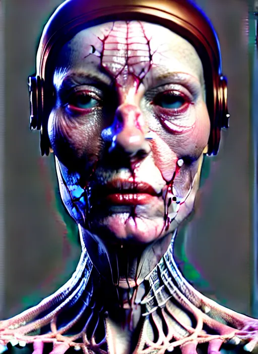 Image similar to 3 / 4 portrait, queen, crown, translucent skin, visible muscle and bones and veins and nerves, hyperrealism, detailed textures, photorealistic, 3 d cyberpunk apocalyptic city, futuristic clothing and helmet, ultra realistic, cinematic, intricate, cinematic light, unreal engine 8 k, octane render, unreal engine by david kostic and stanley lau and artgerm