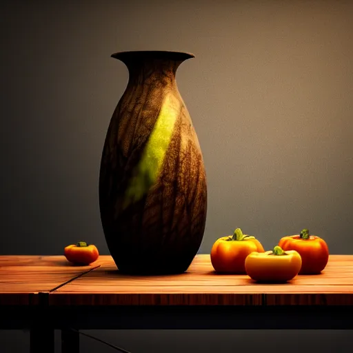 Image similar to a large vase sitting on top of a wooden table, medieval concept art, cinematic lightning and colors, featured on cg society, photorealism, vray tracing, rendered in unreal engine, photorealistic, vegetables on table and candle, dark lightning, contrast shadows