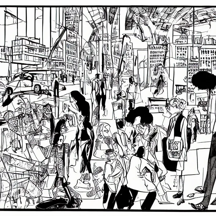 Image similar to a still frame from comic strip a visitors in a contemporary art gallery 1 9 9 0, new yorker illustration, monochrome contrast bw, lineart, manga