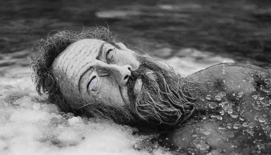 Image similar to 1 9 6 0 s movie still close up of marcus aurelius frozen to death in a river with gravel, pine forests, cinestill 8 0 0 t 3 5 mm b & w, high quality, heavy grain, high detail, texture, dramatic light, anamorphic, hyperrealistic, foggy