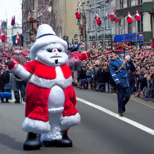 Image similar to a high quality photography of guy a lepage saluting the bonhomme carnaval