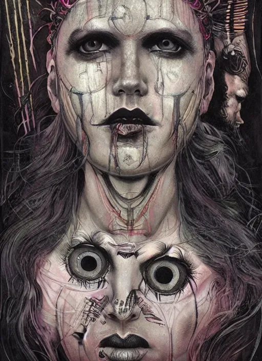 Prompt: tripping magic cult psychic woman, painted face, third eye, energetic consciousness psychedelic, epic surrealism expressionism symbolism, symmetrical face, dark myth mythos, by joao ruas, masterpiece