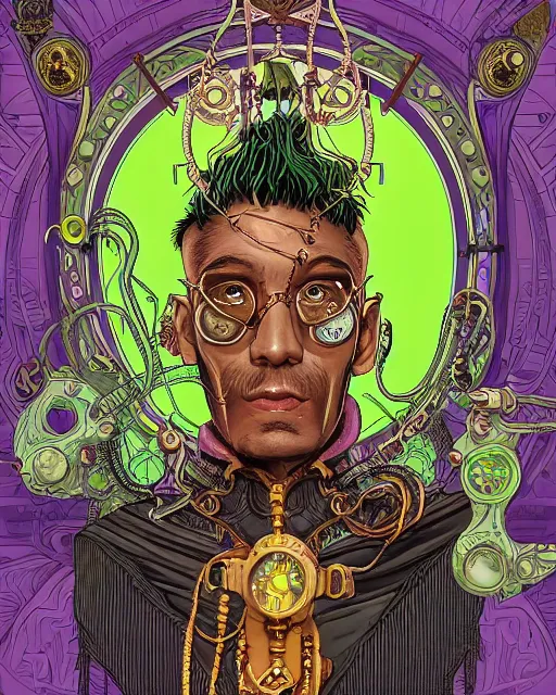 Image similar to a detailed portrait illustration of a steampunk wizard. stern indian male face, dark skin, piercing green eyes. art nouveau, pop art, comic book style. influenced by neil gaiman, h. p. lovecraft, dan mumford, brian froud, vadim voitekhovitch, killian eng, ross tran, cedric peyravernay.