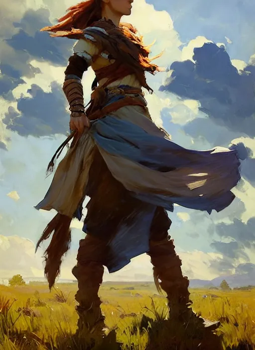 Image similar to Greg Manchess painting of Aloy from Horizon Zero Dawn, countryside, calm, fantasy character portrait, dynamic pose, above view, sunny day, thunder clouds in the sky, artwork by Jeremy Lipkin and Giuseppe Dangelico Pino and Michael Garmash and Rob Rey, very coherent asymmetrical artwork, sharp edges, perfect face, simple form, 100mm