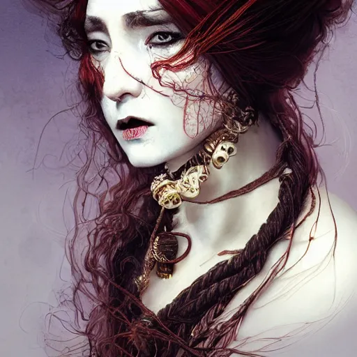 Image similar to portrait of a Shibari rope wrapped face and neck, headshot, insanely nice professional hair style, dramatic hair color, digital painting, of a old 18th century, traveler, amber jewels, baroque, ornate clothing, scifi, realistic, hyperdetailed, chiaroscuro, concept art, art by Franz Hals and Jon Foster and Ayami Kojima and Amano and Karol Bak,