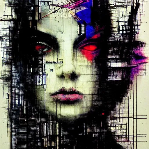 Prompt: portrait of a hooded beautiful women, mysterious, glitch effects over the eyes, shadows, by Guy Denning, by Johannes Itten, by Russ Mills, glitch art, hacking effects, chromatic, cyberpunk, color blocking, oil on canvas, concept art, abstract