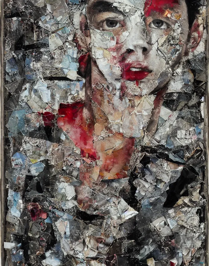 Prompt: fragile boy from fight club detailed mixed media collage with canvas texture in style of contemporary art, punk art, photorealism, sensual bodies, expressionism, masterpiece, perfect composition, spectacular quality, intricate oil details, broken glass photo, torn paper intricate texture, large cracks, liquid glue spots