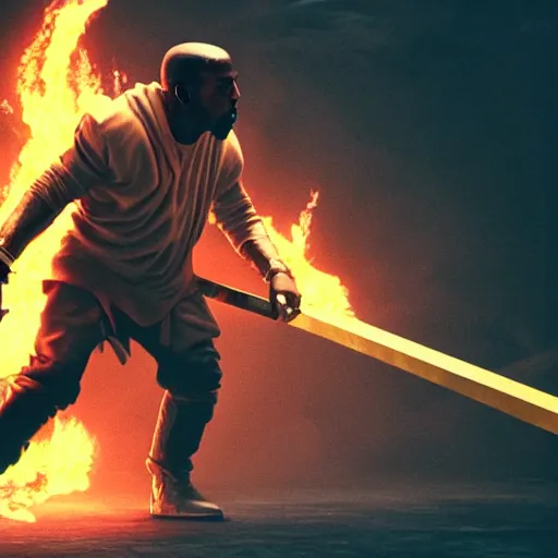 Image similar to kanye west fighting against demons with his golden sword in hell , 8k, hyper realistic, insanely detailed, legendary scene, octane render