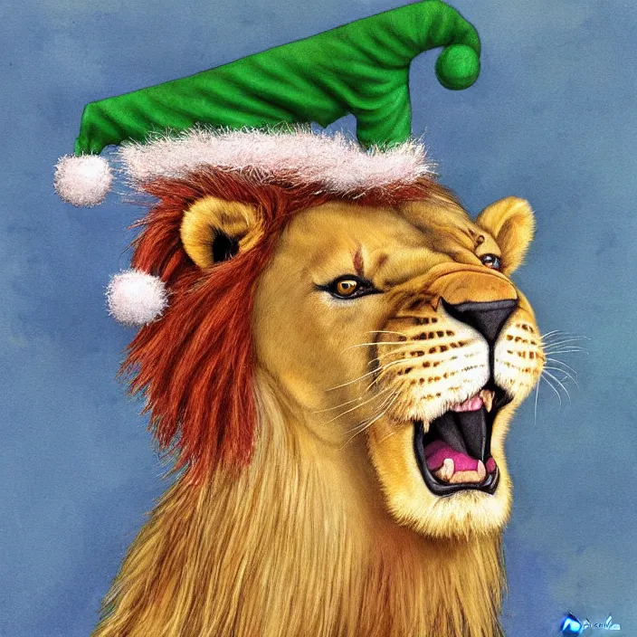 Prompt: realistic cute lion wearing a christmas hat by jacquest lauret agasse