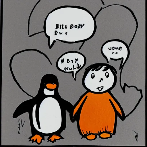 Image similar to penguin and boy holding hands, drawing by bill watterson