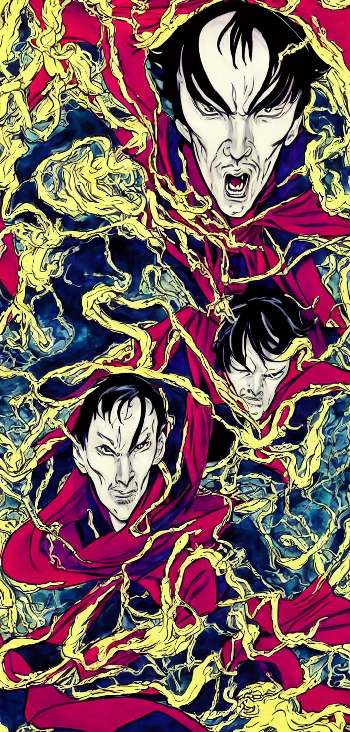 Image similar to Dr strange as an evil anime character in the style of Junji Ito, bright colourful pop art