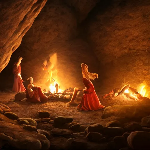 Prompt: medieval people dancing in a cave around a campfire, many minerals and crystals growing out of the ground, matte painting, 4k, very detailed, unreal 5