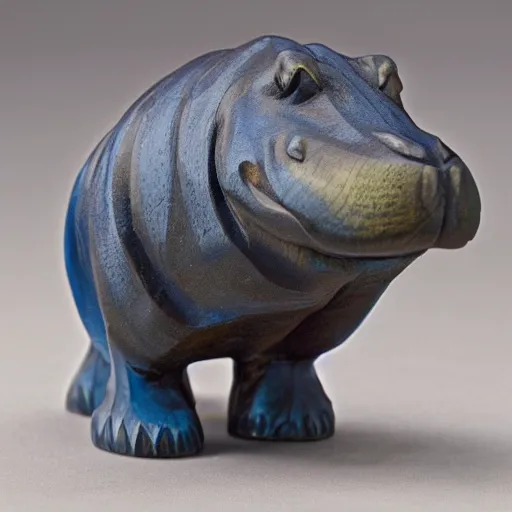 Image similar to a small smooth hippo statue carved from natural wood, dipped in polished blue resin, half and half, mixed media, side view