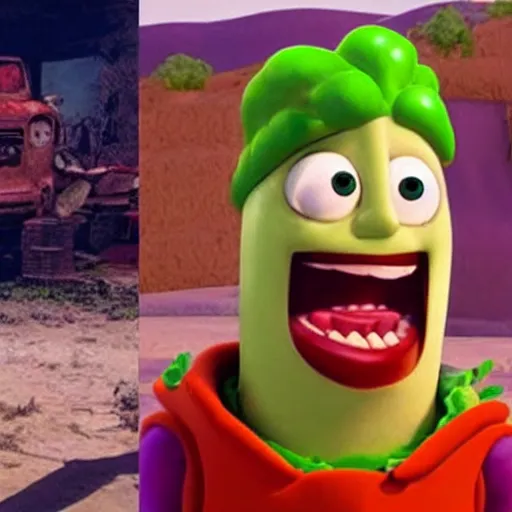 Prompt: veggie tales in mad max, gritty horror, realistic