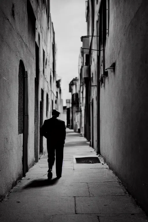 Image similar to a 5 0's detective, walking alone in an alley