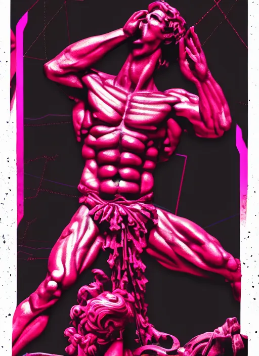 Image similar to black background with red and purple design elements, statue of hercules, ( ( ( skeleton ) ) ), grey, thin lines, dark,, glitch art, neo vaporwave, gritty, movie poster, layout design, trending on artstation