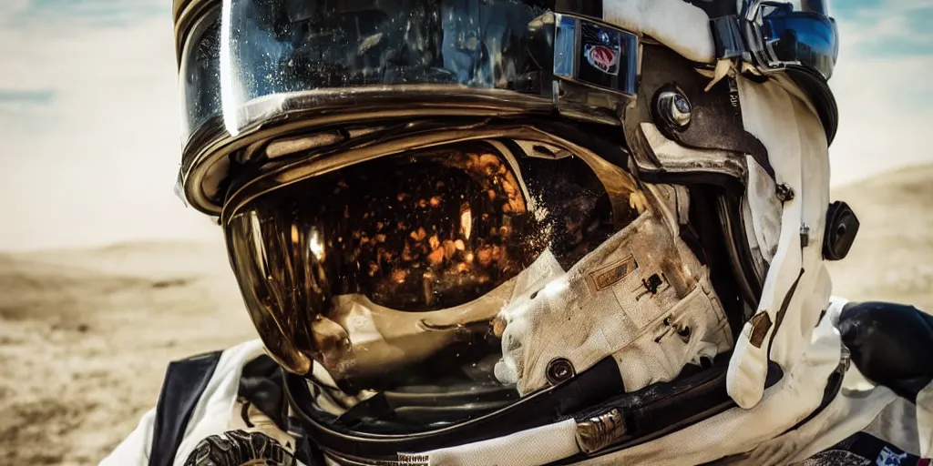 Image similar to closeup portrait photograph of an astronaut extreme sports dirt bike rider, helmet, human head, portrait, hyper realistic, highly detailed, retrofuturism