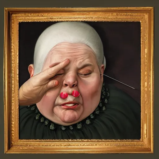 Prompt: of a very funny renaissance style oil painting of a sweet fat old woman kissing her reflection. symmetrical face, red mouth, blue eyes. a flowered dress. a hyper - realistic scene. 3 d, octane processing, deep focus, white scene. a very funny and sweet picture. unreal engine. watercolor. fellini cinematic style. poster quality. freud painting style.