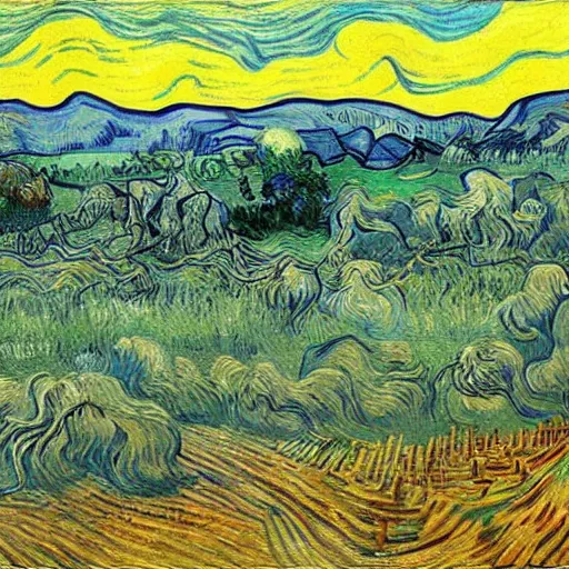 Image similar to eschers metamorphosis as painted by van gogh, surreal and detailed