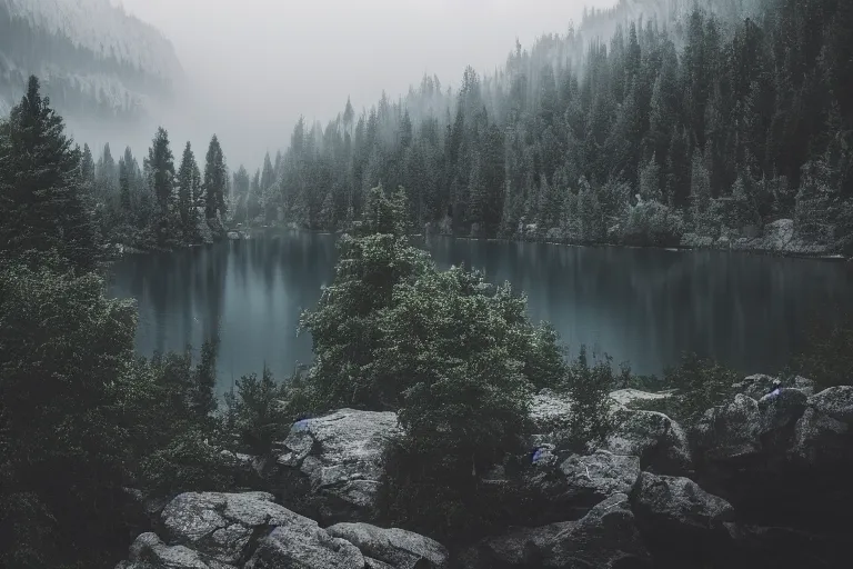 Image similar to a lake with mountains and a foggy forest in the background 50mm, hyperrealistic, moody, dark, ultra detailed, highly detailed, cinematic, dynamic lighting